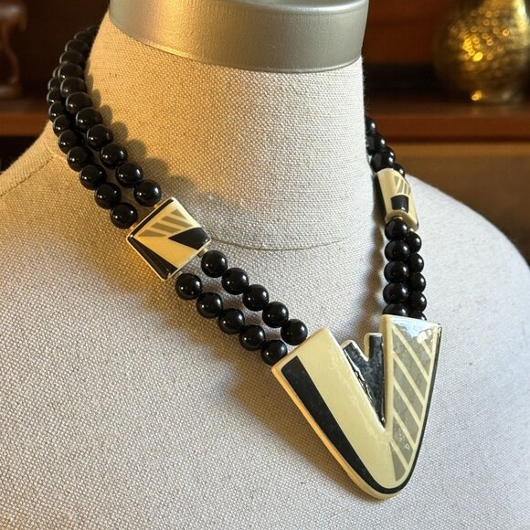 Bold Ceramic Geometric Necklace, 80s Statement Beads - Picture 2 of 9